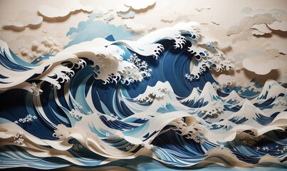 A blue and white paper layered art Japanese giant waves.