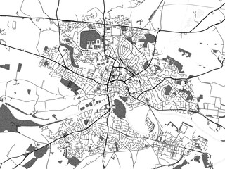 Greyscale vector city map of  Hereford in the United Kingdom with with water, fields and parks, and roads on a white background.