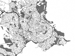 greyscale vector city map of torquay in the united kingdom with with water, fields and parks, and ro