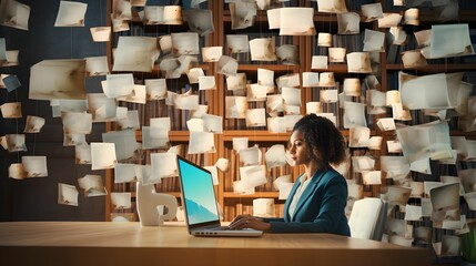 Wall Mural - Businesswoman using a computer to document management concept, online documentation database and digital file storage system/software, records keeping, database technology, file access
