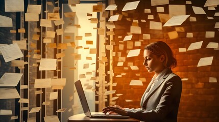 Wall Mural - Businesswoman using a computer to document management concept, online documentation database and digital file storage system/software, records keeping, database technology, file access
