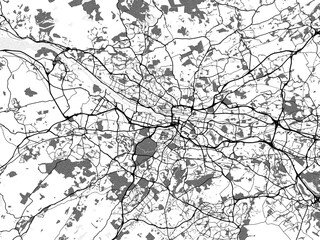 Greyscale vector city map of  Glasgow in the United Kingdom with with water, fields and parks, and roads on a white background.