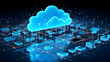 © zeenika - Digital informational technology web futuristic hologram with cloud icon, blue golden light digits and code background, cloud computing. Abstract Motion of digital data flow.