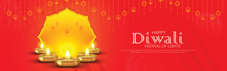 Wall Mural - Happy Diwali - festival of lights colorful banner template design with decorative diya lamp.