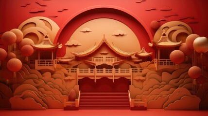 Wall Mural - Inside the red colored Chinese hall and palace background for Chinese new year festival decoration.