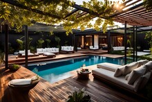 Luxury Hotel Room With Pool ,a Lavish Side Outside Garden At Morning, With A Teak Hardwood Deck And A Black Pergola. Scene In The Evening With Couches And Lounge Chairs By The Pool, Generative