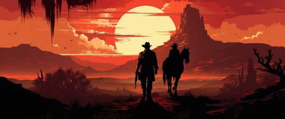 cowboy in desert on sunset