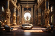 Ancient Egyptian Palace Parlor With Hieroglyphics, Luxurious Furnishings, And An Ancient Egyptian Palace-inspired, Regal Ambiance. Ancient Egyptian Palace Home Decor. Template