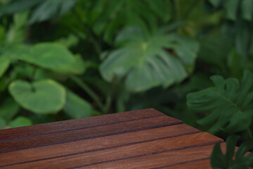 Wall Mural - Wood tabletop floor in outdoors blur green leaf tropical forest nature background.cosmetic natural product mock up placement pedestal stand display,jungle summer concept.