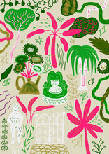 Lush Tropical garden poster pattern with exotic trees, flowers plants and  luxorious statues