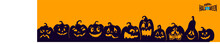 Pumpkins Silhouette. Halloween Banner Background With Jack O Lantern. Poster, Banner, Flyer. Spider Web With The Spider. Black On White. Lettering. Halloween Party. Flat Design Vector.
