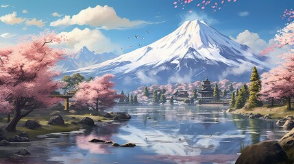 background japanese alpine landscape illustration sky winter, snow design, abstract blue background japanese alpine landscape