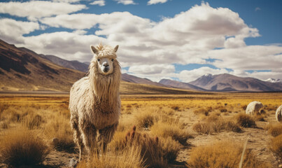 Wall Mural - Close-up llama stands tall in a vast Bolivian field. Created by AI