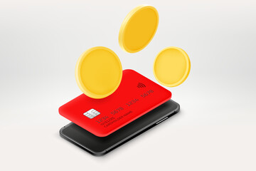 Poster - Golden bank card with smartphone and coins. 3d vector illustration