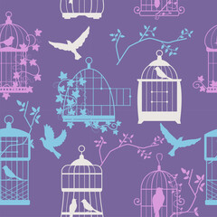 Wall Mural - Bird cage pattern. Seamless print of ornate wooden bird cages with various animals, nature decorative background for wrapping paper. Vector texture