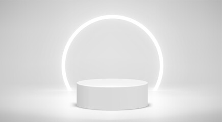 Aufkleber - White illuminated studio with arc neon light and podium. 3d vector illustration