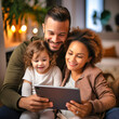© I.M.A.G.I.N.E.A.I - Interracial family of father and mother with their baby enjoying a digital tablet