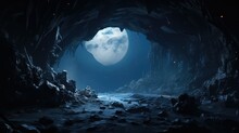 Landscape Moon Dark Caves Illustration Design Stone, Rock Outdoor, Travel Mountain Landscape Moon Dark Caves