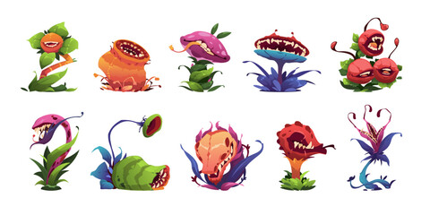 Wall Mural - Monster plants. Cartoon scary carnivorous plants, evil alien green plants with teeth and fangs, funny animal mascot flora icons. Vector set