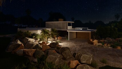 Render Exterior de noche de una casa