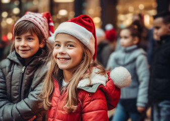 pretty little girl in red coat wearing santa hat at christmas party in shopping center with children in background, waiting to see santa claus. generated with AI.