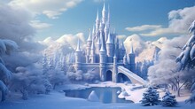 Fairy Tale Castle In The Mountains Made Of Ice, Snow And Ice, Fantasy Scene Landscape
