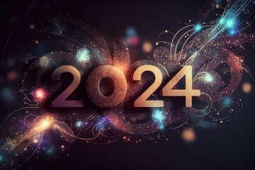 Poster - Happy New Year 2024, colorful greeting car,d fire works,  golden sparkle. Celebration concept. 