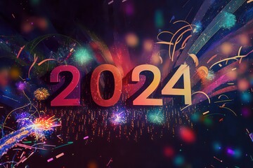 Poster - Happy New Year 2024, colorful greeting car,d fire works,  golden sparkle. Celebration concept. 