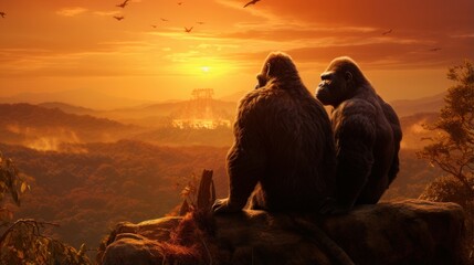 Wall Mural - gorilla family at sunset