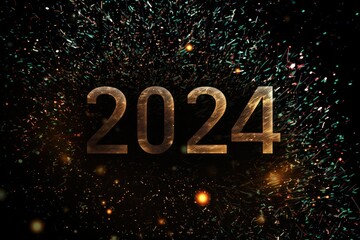 Poster - Happy New Year 2024, colorful greeting car,d fire works,  golden sparkle. Celebration concept. 