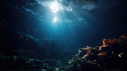 Wall Mural - Beautiful blue ocean background with sunlight and undersea scene
