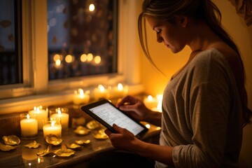 Wall Mural - A woman is looking at a tablet in front of candles, AI
