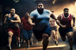 A group of mixed racial male people is running concentrated with running shoes in a contest in a beautiful gym ;mixed obese and slim people