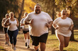 A group of caucasian female and male people is exercising concentrated with running shoes in a contest in a city beautiful park ;mixed obese and slim people