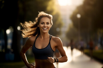 A beautiful strong Caucasian woman is running concentrated and smiling with dumbnells in a beautiful city park ; a fit sexy and slim person