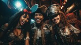 Group of multiracial friends on pirates costumes, celebrating Halloween on a nightclub. Generative AI.