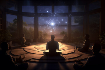 A group of adult happy man is meditating relaxed and mindfull with a yoga mat in a living beautiful room at night with stars and full moon