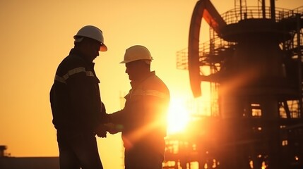Poster - Two engineers of the oil and gas industry are sun discussing a business plan, Oil production.