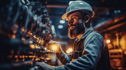 Poster - Technician engineer with safety helmet hard hat are working with machine in industrial manufacturing factory.