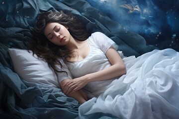 Wall Mural - A woman peacefully sleeping in bed with her eyes closed created with Generative AI technology