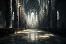 Haunting Cathedral Interior Old. Europe City. Generate Ai