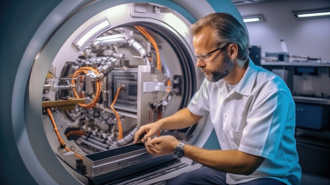 Service technician repairing an MRI machine at a hospital.