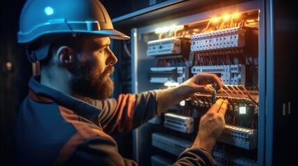 Aufkleber - Electrician man installing a electric switchboard system.