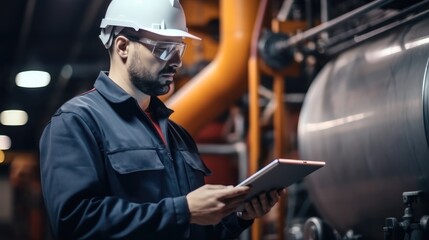 Aufkleber - Engineer working and checking the heating system in the boiler room at industry factory.