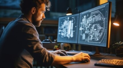 Fototapete - Engineer working with CAD software on desktop computer at factory.