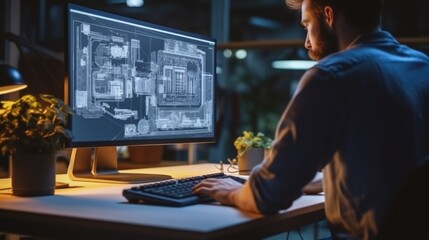 Fototapete - Engineer working with CAD software on desktop computer at factory.