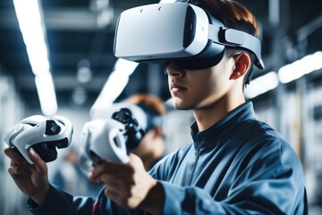 Aufkleber - Engineer ware virtual reality headset in the future manufacturing facilities, Modern factory, Industry 4.0.