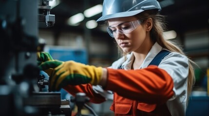 Woman technician in a factory is working on a metal drilling machine at industry factory