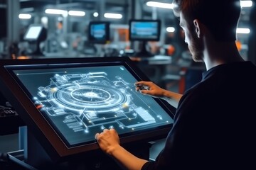 Poster - Engineer operating machine on LED touch screen at factory, Screen of design and status.