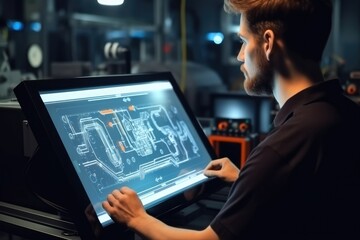 Poster - Engineer operating machine on LED touch screen at factory, Screen of design and status.